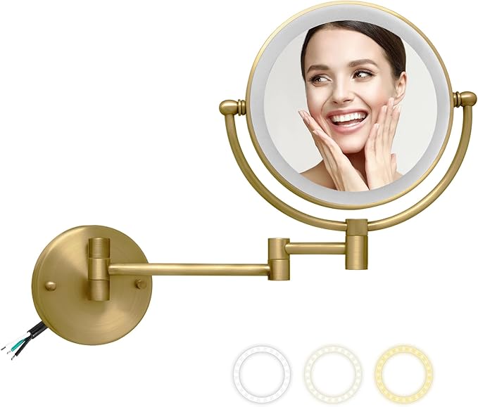 Make up Mirror Wall Mounted Lighted 10X Magnifying Hard Wired, Double Sides 3 Color Lighting Touch Dimming, 360 Swivel Extended Arm Shaving Light up Mirror for Bathroom, Antique Brass