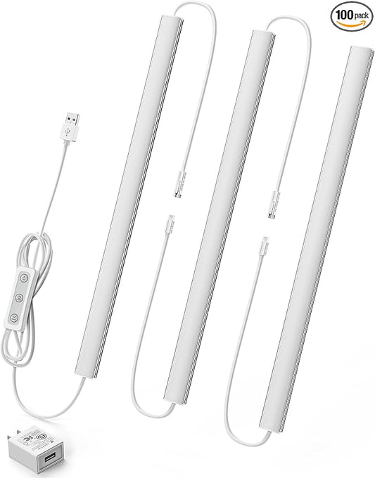 Under Cabinet Lighting Plug-in, Dimmable Under Counter Lights for Kitchen, 3pcs 12 Inch, Cold White 6000K Linkable USB Led Light Strip, Wired Led Light Bar for Desk,Sink,Workbench