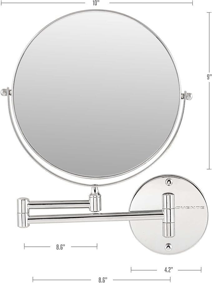 OVENTE 9" Wall Mounted Makeup Mirror with 1X/10X Magnification, Double Sided Magnifying Round Bathroom Vanity Mirror, 360° Swivel Design, Extendable and Folding Arm, Polished Chrome MNLFW90CH1X10X