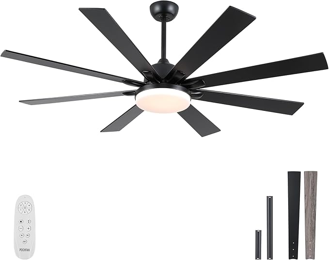 62 Inch Ceiling Fans with Lights,Large Modern Ceiling fan with Remote and 8 Wooden Blades,Dimmable,6 Speeds,Noiseless Reversible Indoor&Outdoor Fan for Bedroom,Patio,Living Room