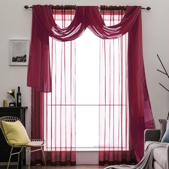 MIULEE Christmas Luxury Window Scarf Sheer Voile Elegant Topper Long Window Valance Solid Window Treatment Swags Drapes for Window Ceremony Wedding Canopy Bed 54" x 216" Maroon Red 1 Piece