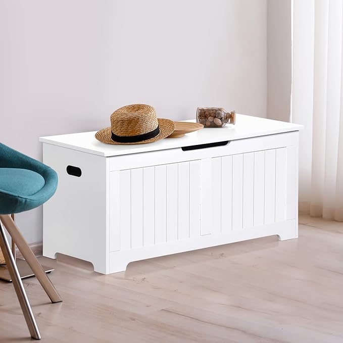 Wooden Storage Chest Box with Flip-top Lid & Safety Hinge, 39.4 Inch Living Room Organizer, Bedroom Bench, White