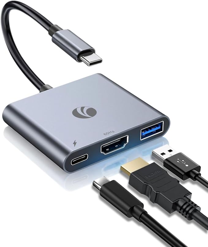 VCOM USB-C to HDMI Adapter, 3-in-1 4K@60Hz HDMI Adapter with 100W PD Charging & 5Gbps USB 3.0 Port, USB Hub Multiport for MacBook, iPad, iPhone 16 Pro Samsung S24/23, Chromebook (Grey（3-in-1)