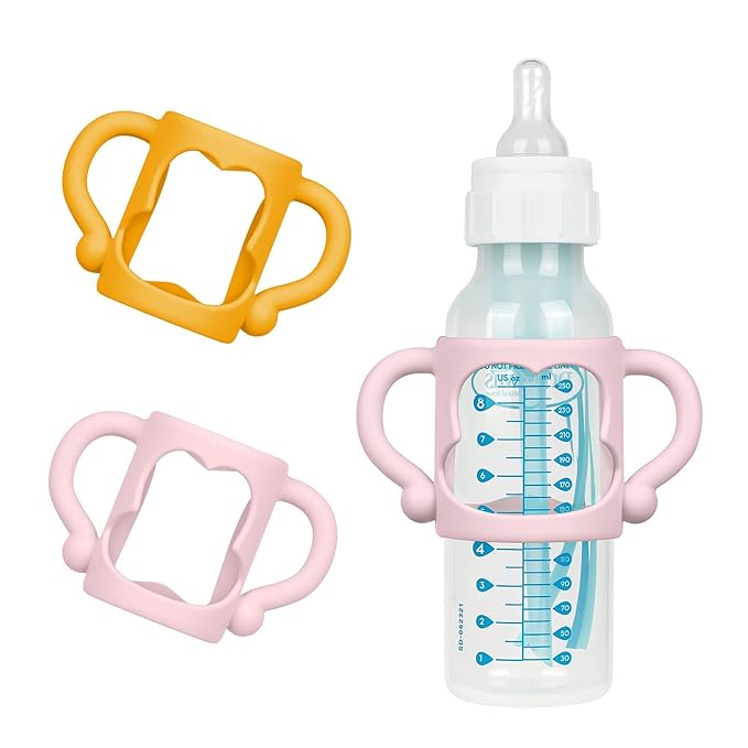 Silicone Baby Bottle Handles, 2PCS Bottle Handles for Dr Brown Narrow Bottles, Easy Grip Handles to Hold Baby Bottle, Easy Carry Handle Lightweight Bottle Handle(Pink/Orange)