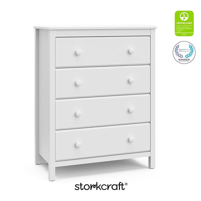 Storkcraft Alpine 4 Drawer Chest (White) – GREENGUARD Gold Certified, Dresser For Nursery, 4 Drawer Dresser, Kids Dresser, Nursery Dresser Drawer Organizer, Chest of Drawers