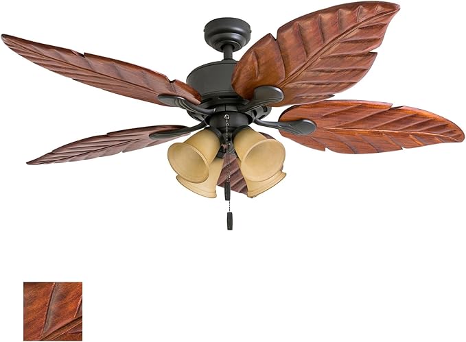 Honeywell Ceiling Fans Royal Palm, 52 Inch Tropical LED Ceiling Fan with Light, Pull Chain, Three Mounting Options, Hand Carved Solid Wood Blades - Model 50503-01 (Bronze)