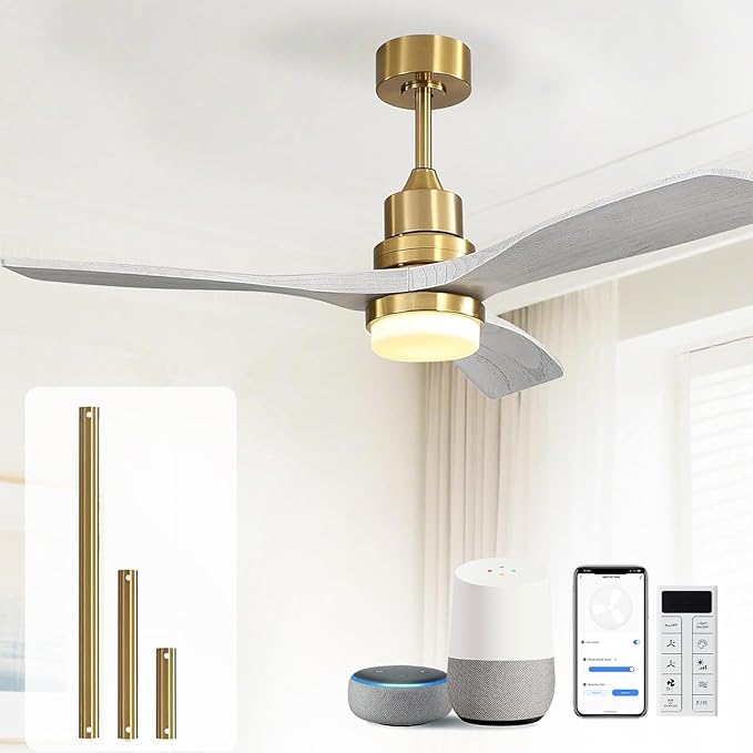Sofucor 52 Inch Smart Ceiling Fans with Lights and Alexa/Google Assistant/APP/Remote Control-Modern Solid Wood Outdoor 3 Blades Ceiling Fan for Bedroom Living Room Indoor Farmhouse Patio, Grey Gold