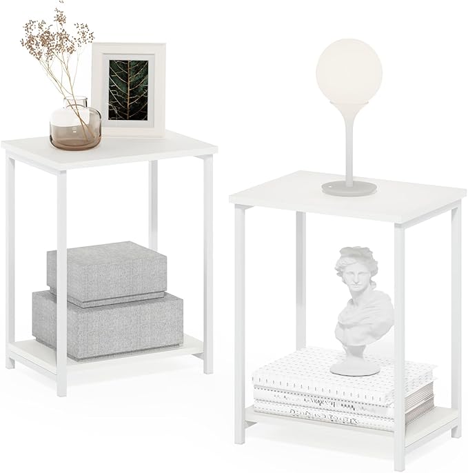 Furinno Simplistic Side Table Set of 2, 2-Tier Metal Frame End Table with Open Shelf, Night Stand, Bedside Table, for Living Room, Bedroom, White