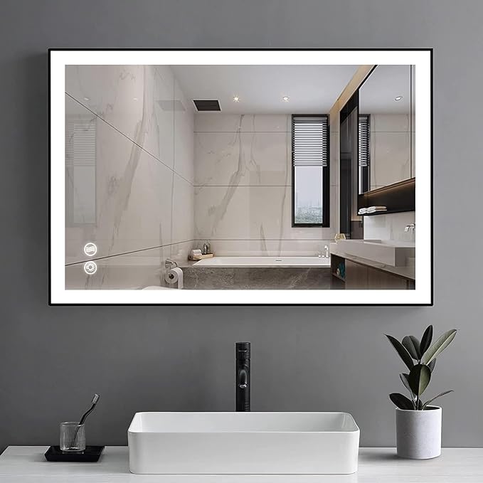 Fab Glass and Mirror LED Lighted Bathroom Mirror 30 x 40 Inch, Black Framed Wall Mounted Dimmable Vanity Mirror, Anti-Fog Touch Sensor, Adjustable Color Warm/White/Natural