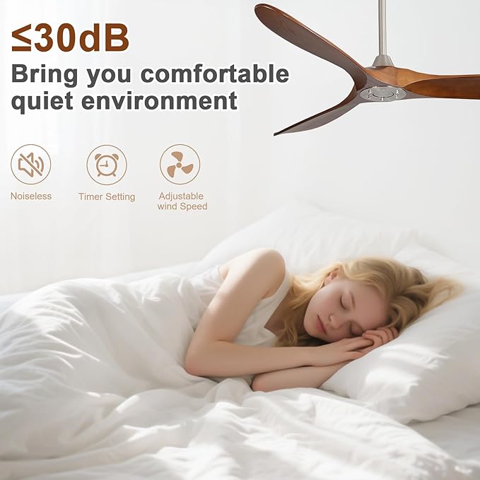 Sofucor 60 Inch Ceiling Fan No Light, Solid Wood Ceiling Fans Without Lights for Indoor/Outdoor, Remote Control, Reversible DC Motor, 3 Blades Modern Ceiling Fans for Patio, Living Room, Farmhouse