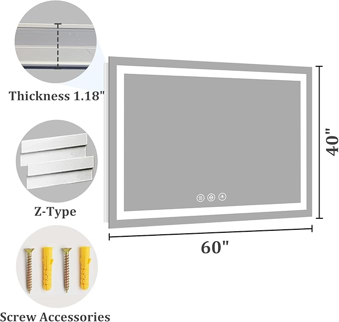 Koonmi 40x60 LED Bathroom Mirror, Backlit + Front Lit, LED Bathroom Mirror with Lights for Wall, 3 Colors, Anti-Fog, Dimmable Brightness, Memory Function, Tempered Glass