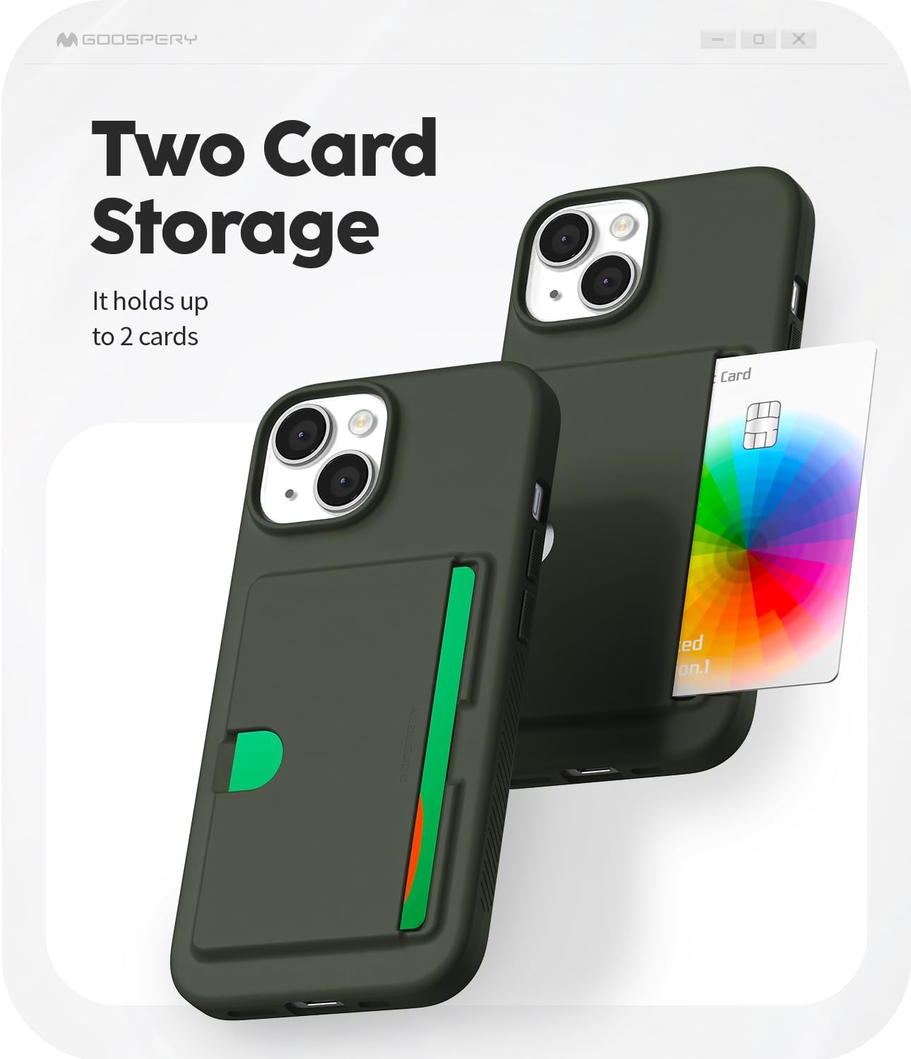 GOOSPERY Rail 2 Card Case Wallet for iPhone 15, Light Silicone + Soft Protection, Dark Green