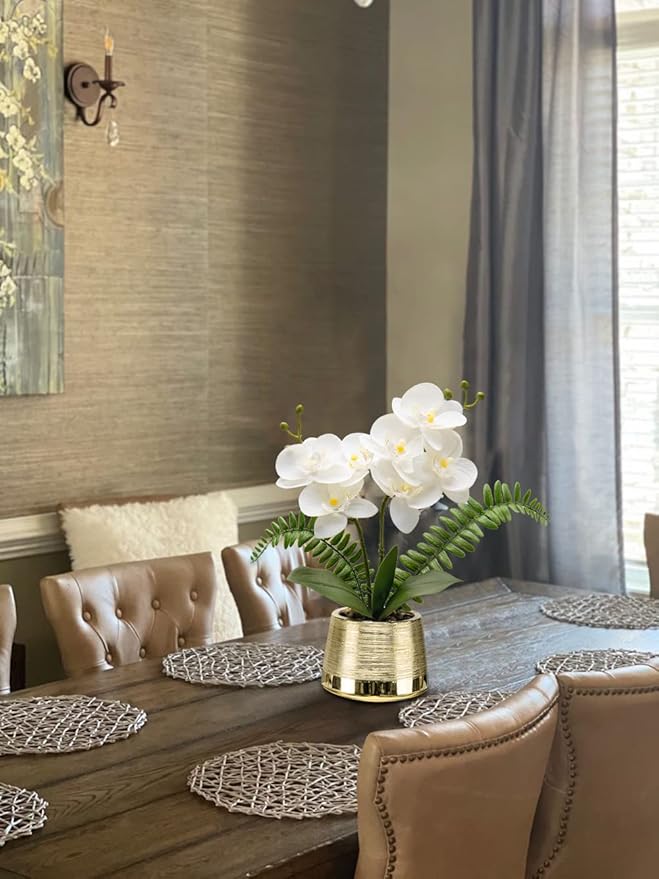 Oairse White Orchids Artificial Flowers in Gold Pot Faux Phaleanopsis Orchid Bonsia Fake Orchid Centerpiece for Dining Room