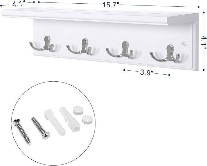 SONGMICS Entryway Hanging Coat Rack, Wall-Mounted Wooden Shelf, with 4 Double Hooks, Wall Floating Shelf, White ULHR42WT