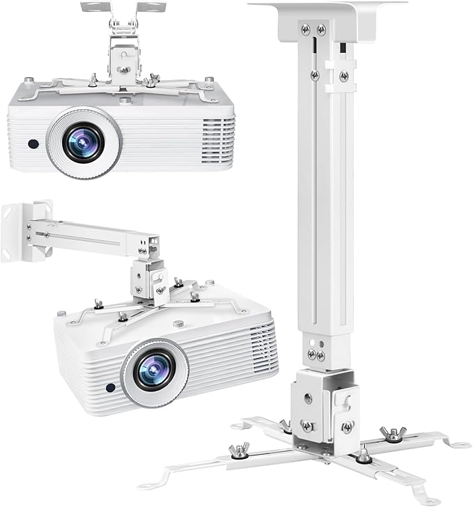 2-Be-Best Projector Ceiling Mount Wide Pipe Universal 3-in-1 Projector Wall Mount Bracket with Adjustable Arm, Flush Mount Option, Built-in Cable Management for Office Home White