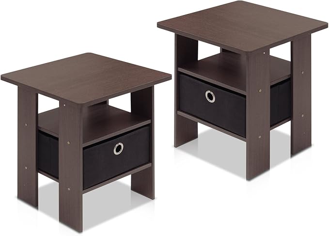 Furinno Andrey Set of 2 End Table / Side Table / Night Stand / Bedside Table with Bin Drawer, Columbia Walnut/Dark Brown