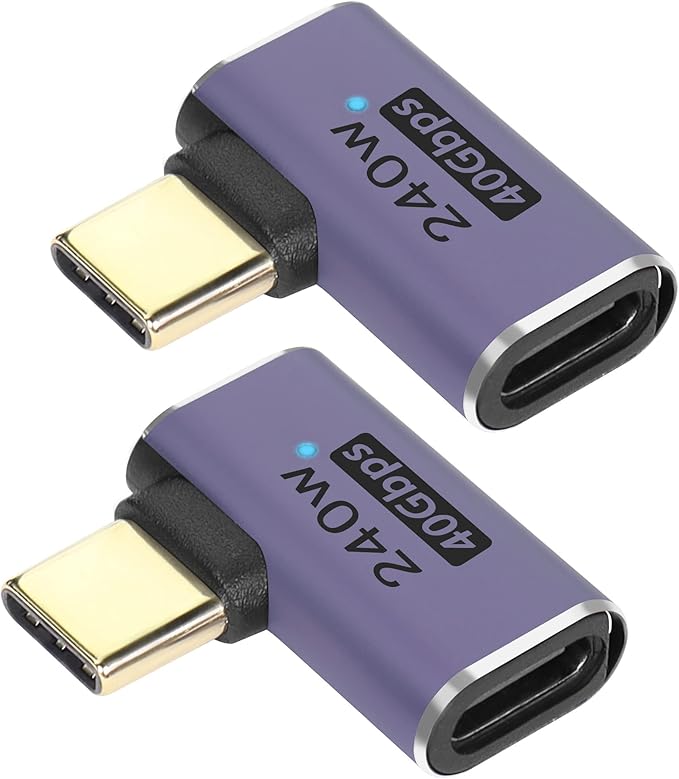 QIANRENON USB4.0 C 90 Degree Angle Adapter 240W 40Gbps Type C 4.0 Male to Female Right Angle Connector,LED Indicator,8K Audio/Video Transfer,for Smartphone Tablet Steam Deck, 2 Pcs (Side Bend)
