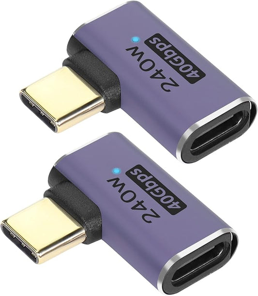 QIANRENON USB4.0 C 90 Degree Angle Adapter 240W 40Gbps Type C 4.0 Male to Female Right Angle Connector,LED Indicator,8K Audio/Video Transfer,for Smartphone Tablet Steam Deck, 2 Pcs (Side Bend)