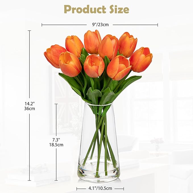 Fake Tulips Artificial Tulip Flowers in Glass Vase with Faux Water, 14.2" Real Touch Orange Tulip Flowers Décor for Table Centerpiece Home Farmhouse Resto Wedding Decoration
