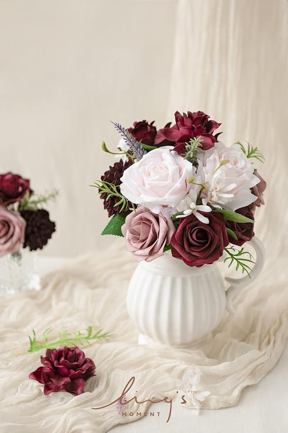 Ling's Moment Artificial Flowers Fake Silk Roses Faux Foam Dahlia Gardenia Combo for DIY Wedding Bouquets Centerpieces Arrangements Bridal Shower Party Home Decorations, Marsala & Dusty Rose, 24pcs