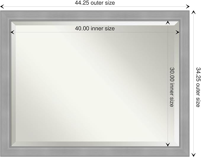 Amanti Art Silver Bathroom Mirror for Over Sink, 34x44 Vista Brushed Nickel Rectangle Vanity Mirror, X-Large Casual Frame, Hangs Horizonally and Vertically, Bathroom Wall Decor, Beveled Edge