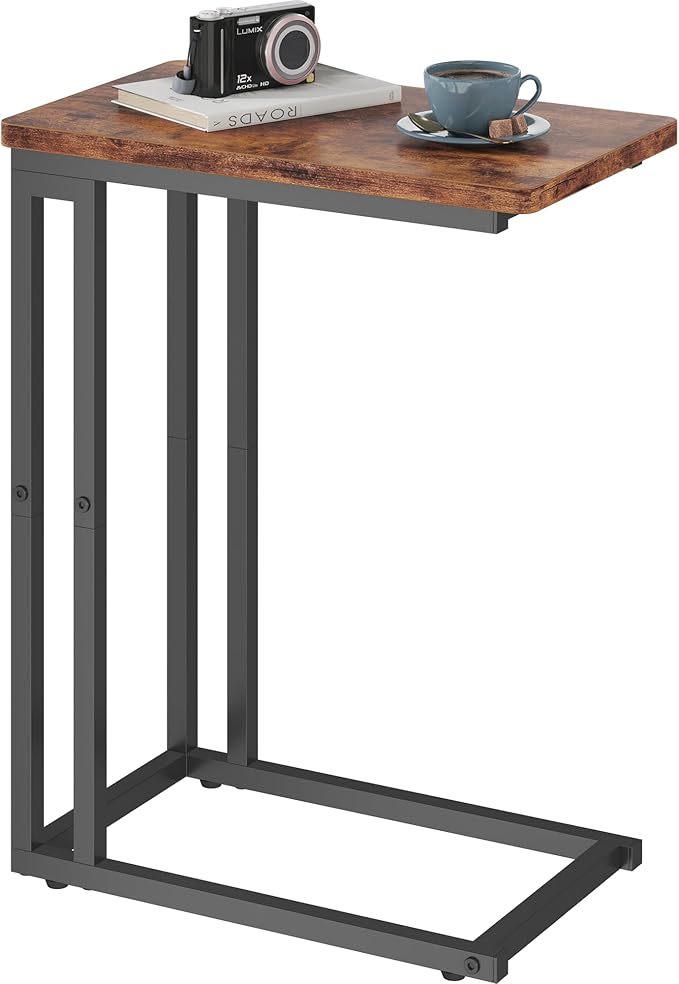 Yusong C Shaped End Table - Slide Under Sofa Couch Bed, Small Table for Small Spaces, Skinny Overbed, Coffee Drink Snack Table for Living Room, Rustic Brown