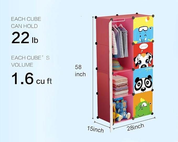 MAGINELS Children Wardrobe Closet,Baby Girl and Kids Closet with Door, Cute Protable Cube Storage Clothes,Dresser for Bedroom,Pink,8 Cube(14x14inch)