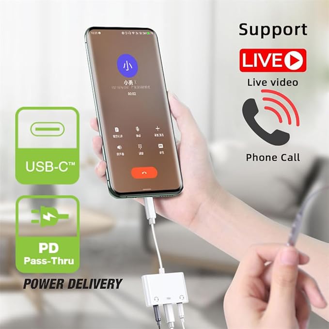 NFHK Type C USB-C to Dual 3.5mm Audio AUX & MIC Sound Card with PD Power Charge Adapter Compatible with Laptop Tablet Phone