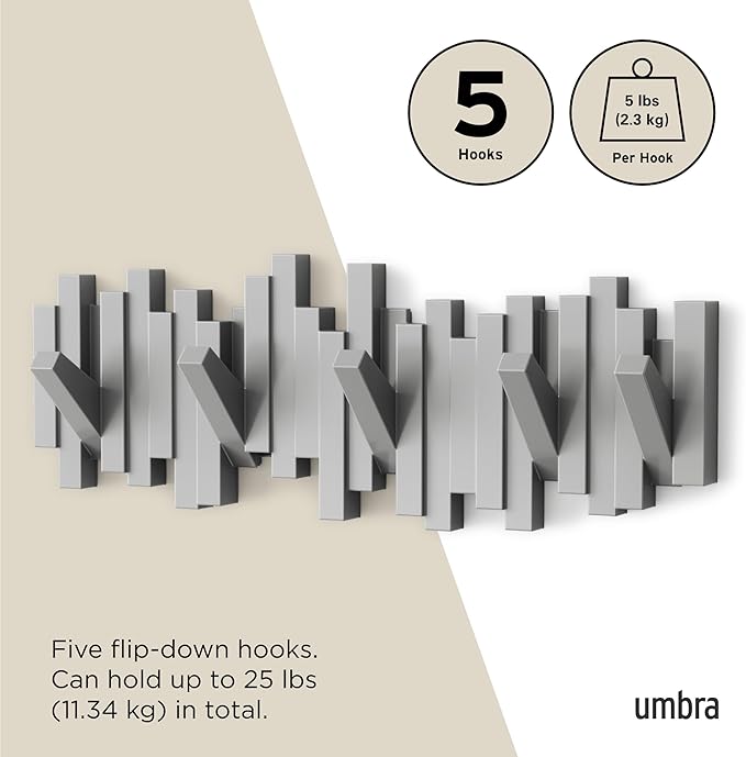 Umbra Sticks Wall-Mounted Coat Rack Rail Hook with 5 Retractable Pegs – Modern, Space-Saving Storage Organizer, Grey