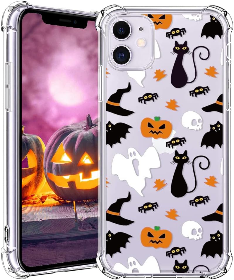Halloween Clear Phone Case for iPhone 11, Soft TPU Protective Slim Shockproof Cover with Ghost Pumpkin Pattern