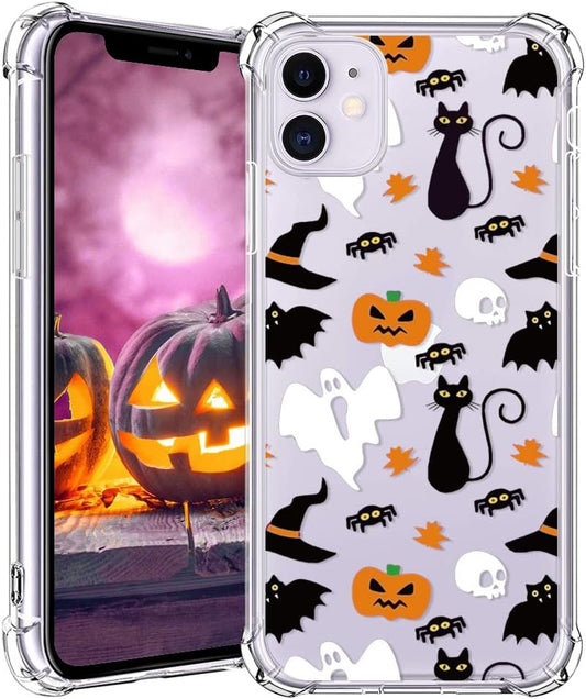 Halloween Clear Phone Case for iPhone 11, Soft TPU Protective Slim Shockproof Cover with Ghost Pumpkin Pattern