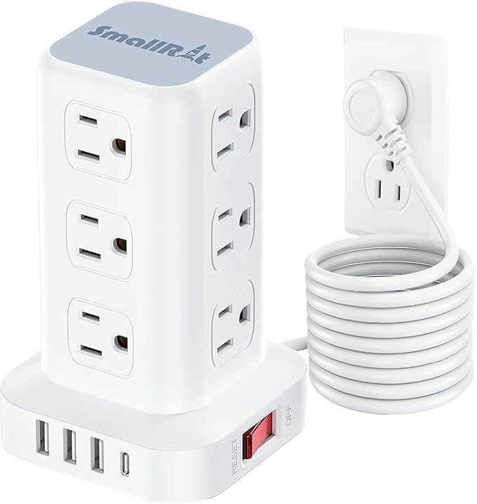 PD20W Power Strip Tower Surge Protector,16.5FT Extension Cord,Power Strip with USB 12 Outlets with 4 USB Ports (1 USB C), Flat Plug Multi Plug Outlet Extender Overload Protection for Home Office