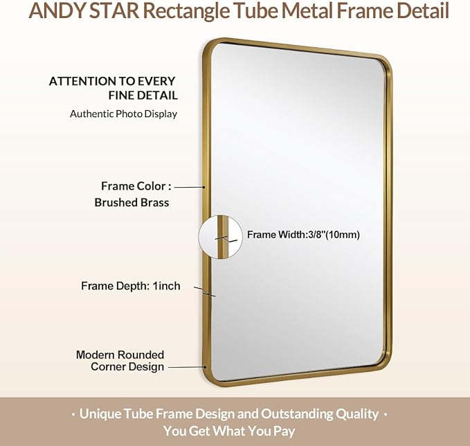 ANDY STAR Brushed Gold Mirror 40''X30'', Gold Bathroom Mirror Rounded Rectangle in SUS304 Anti-Rust Tube Metal Frame, Wall Mounted Horizontal/Vertical 1’’ Deep