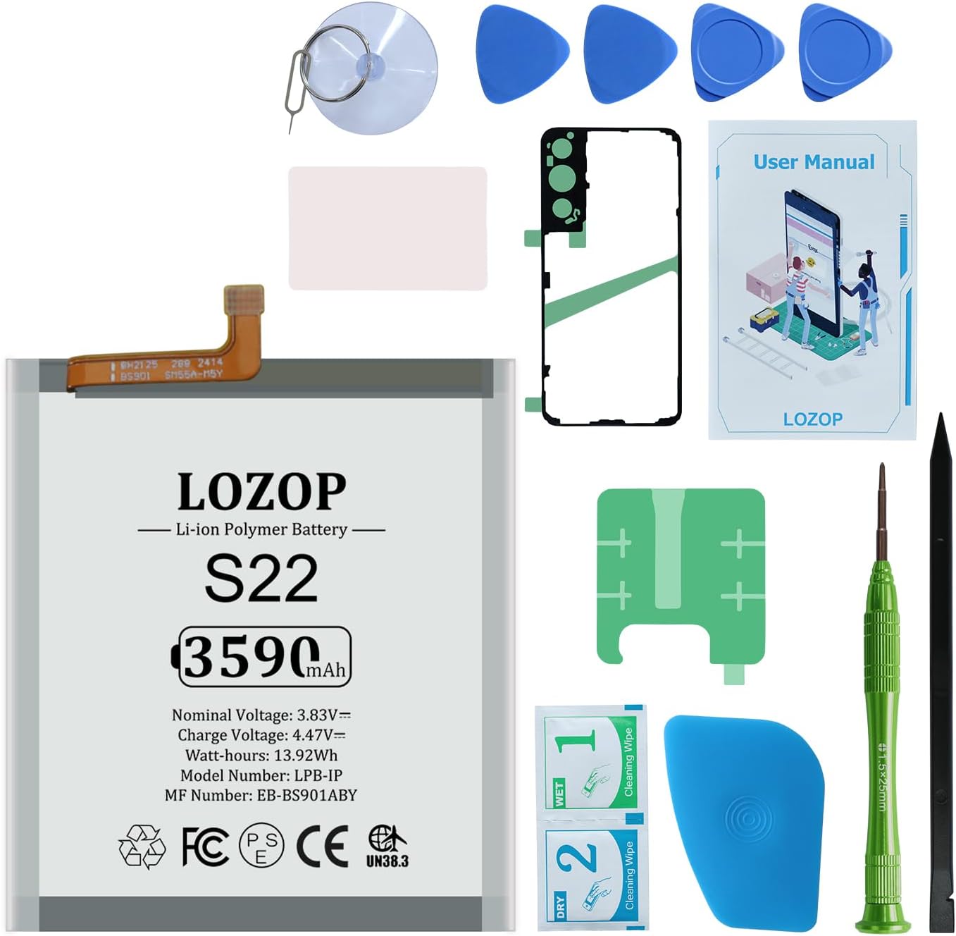 S22 Battery Replacement Kits for Samsung Galaxy S22 5G SM-S901U/U1/N/B/W with Repair Tools Kit and Manual