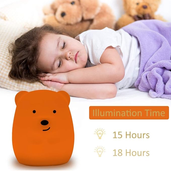 Bear Night Light for Kids, Rechargeable LED Children Lamp, Soft Silicone (BPA Free) for Baby/Boy/Girl/Adult, Remote & Touch Control Adjustable Brightness and Color (9 Colors), Eye Caring