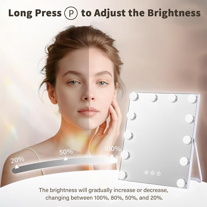 Lighted Makeup Mirror, Hollywood Vanity Mirror with Lights, Makeup Mirror with Lights for Desk, 3 Color Modes and 12 Dimmable Bulbs, Smart Touch Control