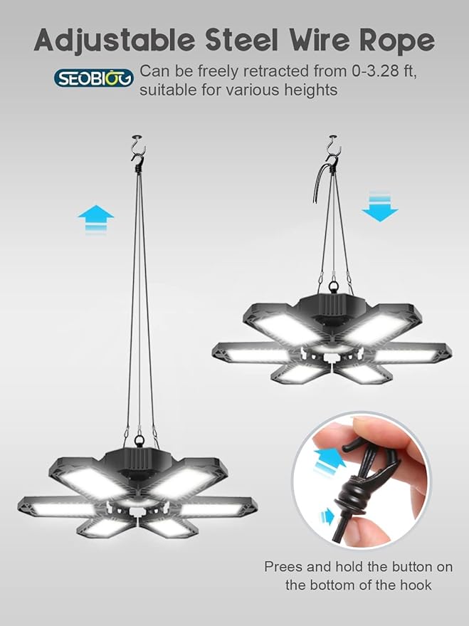 SEOBIOG LED Garage Lights 8 Pack, 200W 20000LM Plug in Linkable LED Shop Light, 6500K Ceiling Light Fixtures with 6+1 Deformable Panels for Garage, Work Bench (Built-in ON/Off Switch)
