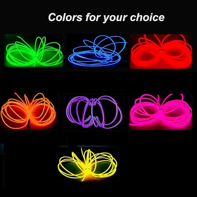 MaxLax EL Wire DIY Mutilcolor, 9.8ft/3m Portable Battery Pack Neon Lights Strip 360° Cuttable Glowing Rope Lights for Parties, Halloween