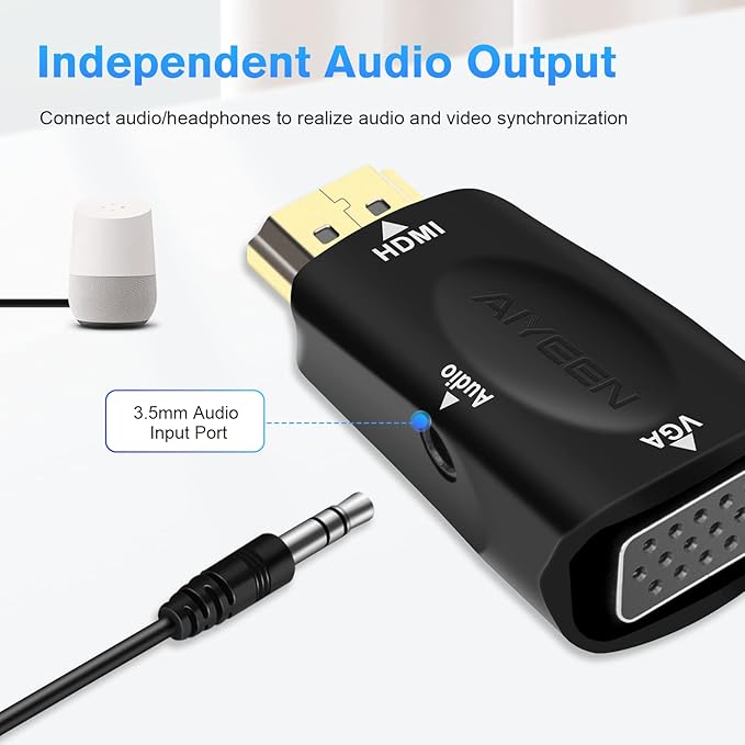 HDMI to VGA Adapter, 1080p HDMI Male to VGA Female Adapter with 3.5mm Audio Jack Cable Compatible with Monitor, Laptop,Computer, Projector, HDTV, Chromebook and More (Black)