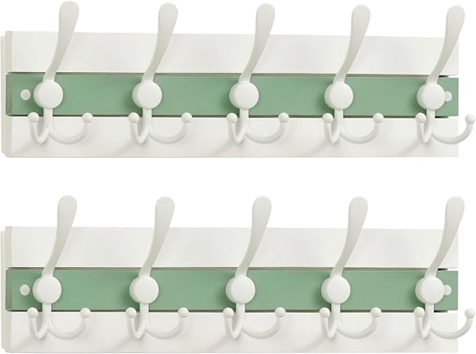 SKOLOO Coastal Wall Mounted Coat Rack - 17" Beach House Entryway Wooden Coat Hook with 5 Hooks for Hanging Coats, Hats or Towels, Oceanfront Cottage Core Collection, White & Green, Pack of 2