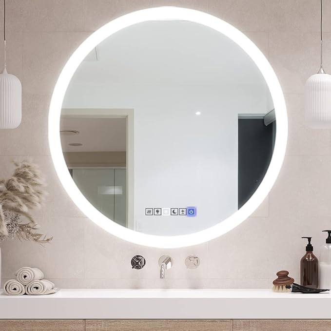 LED Round Vanity Mirror, Wall Mounted Lighted Vanity Makeup Mirror with Anti Fog Dimmable Touch Button Adjustable Color Temperature Memory Function 39 Inch by Fab Glass and Mirror