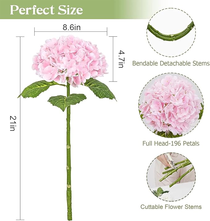 Waipfaru 21" Real Touch Hydrangea Artificial Flowers with Long Stem & Leaves, Full Latex Faux Hydrangea Flowers for Home Decor Party Floral Arrangements Wedding Bouquets Centerpieces(Pink, 3Pcs)