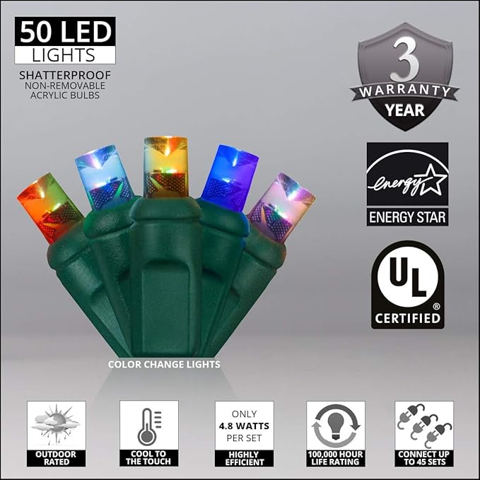 Wintergreen Lighting 50 LED Color Changing Multicolor Christmas Lights, 17 ft Indoor/Outdoor Wide Angle Mini String on Green Wire, Commercial Grade, 5mm