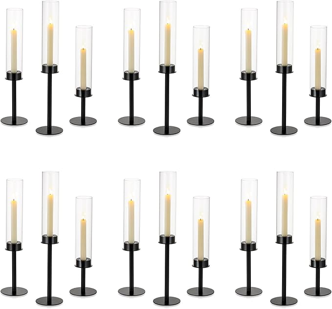 NUPTIO Hurricane Candle Holders Bulk: 18 Pcs Black Tapered Candlesticks Holder with Crystal Glass Cylinder Sleeves Metal Taper Candle Stick Holder for Christmas Thanksgiving Party Event Centerpieces