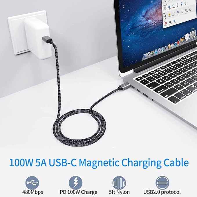 USB C Magnetic Cable (5ft I-Shape), USB2.0 Type C Cord with PD 100W Charge and 480Mbps Data Transfer, Compatible for MacBook Pro/Air iPad Pro and More USB C Devices
