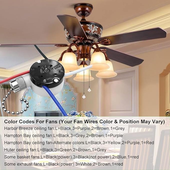 Ceiling Fan Pull Chain Switch Zing Ear ZE-208s E89885,3 Speed 4 Wire Pull Chain Fan Light Switch with 4 Pre-Installed Wires Fit for Harbor Breeze Fans Replacement Part (Nickel)