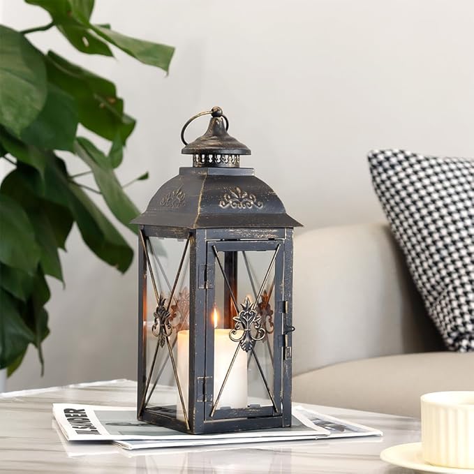 TRIROCKS Decorative Hanging Lantern 13.5'' High Vintage Metal Candle Holder with Tempered Glass Perfect for Living Room Garden Yard Patio Parties Events Indoors Outdoors (Black)