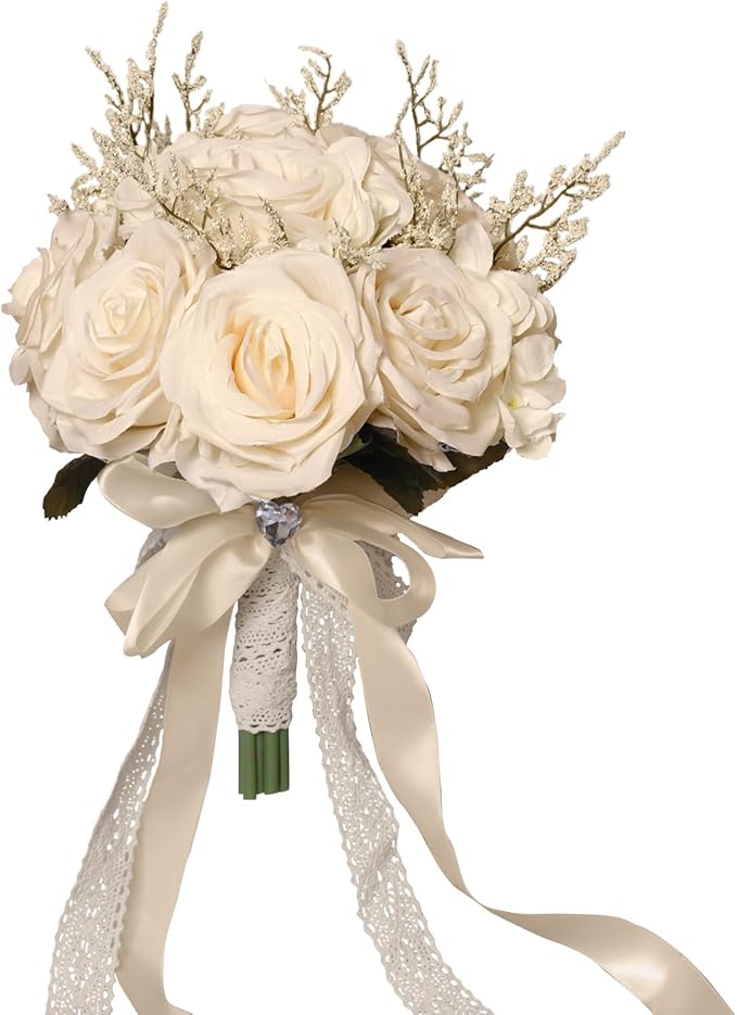 Wedding Bouquets for Bride, Champagne White Bridal Bridesmaid Wedding Flowers, Artificial Toss Rose for Civil Ceremony (Hollow Lace Ribbon Handle)