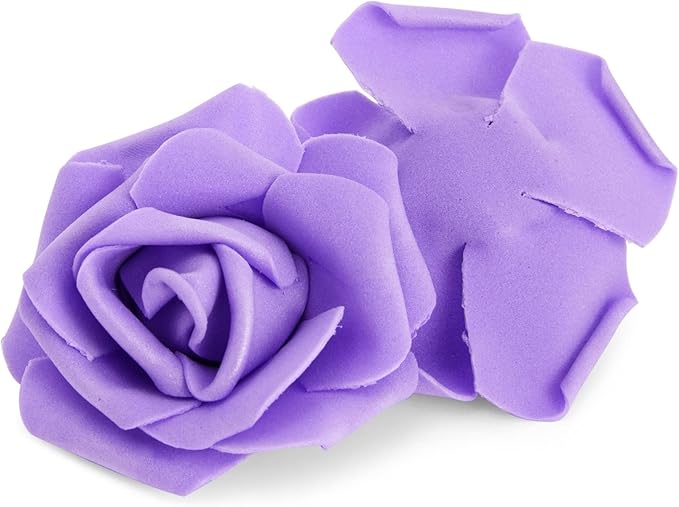 Juvale 100-Pack Purple Faux Flowers for Wedding Decor - 3-in Stemless Artificial Roses - Reusable Plastic Heads for Centerpiece Table Decorations & Crafts