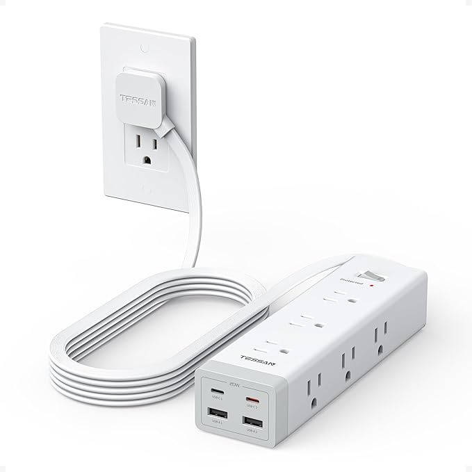 TESSAN Surge Protector Power Strip PD 20W, 10 FT Extension Cord with Multiple Outlets Flat Plug, 4 USB (2 USB C) and 9 AC Outlets, Multi Port Charging Station for Home Office Dorm Room Essentials